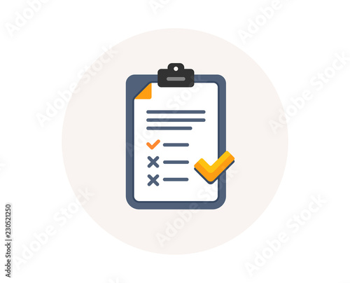 Clipboard with checklist icon. Agreement document sign. Feedback list symbol. Survey checklist form. Colorful icon in circle button. Poll interview or survey feedback vector.