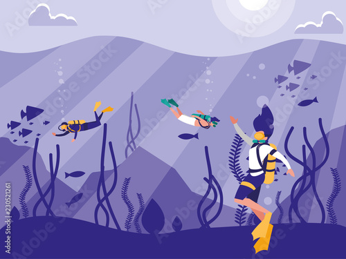 divers in tropical seascape scene icon