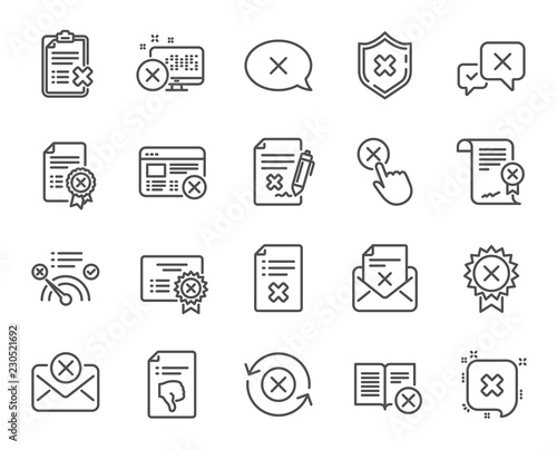 Reject or cancel line icons. Set of Decline certificate, Cancellation and Dislike linear icons. Refuse, Rejected stamp and Disapprove or cancel symbols. Wrong agreement, Delete mail. Vector