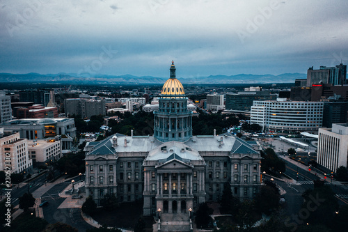 Aerial drone photo - Gold capped Colorado State Capital building located in Denver.