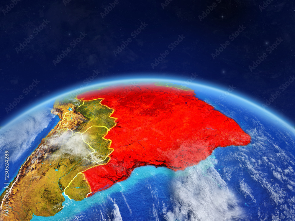 Brazil on planet Earth with country borders and highly detailed planet surface and clouds.