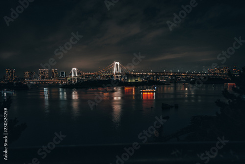The Rainbow Bridge of Tokyo lit up at night. Capital city of Japan