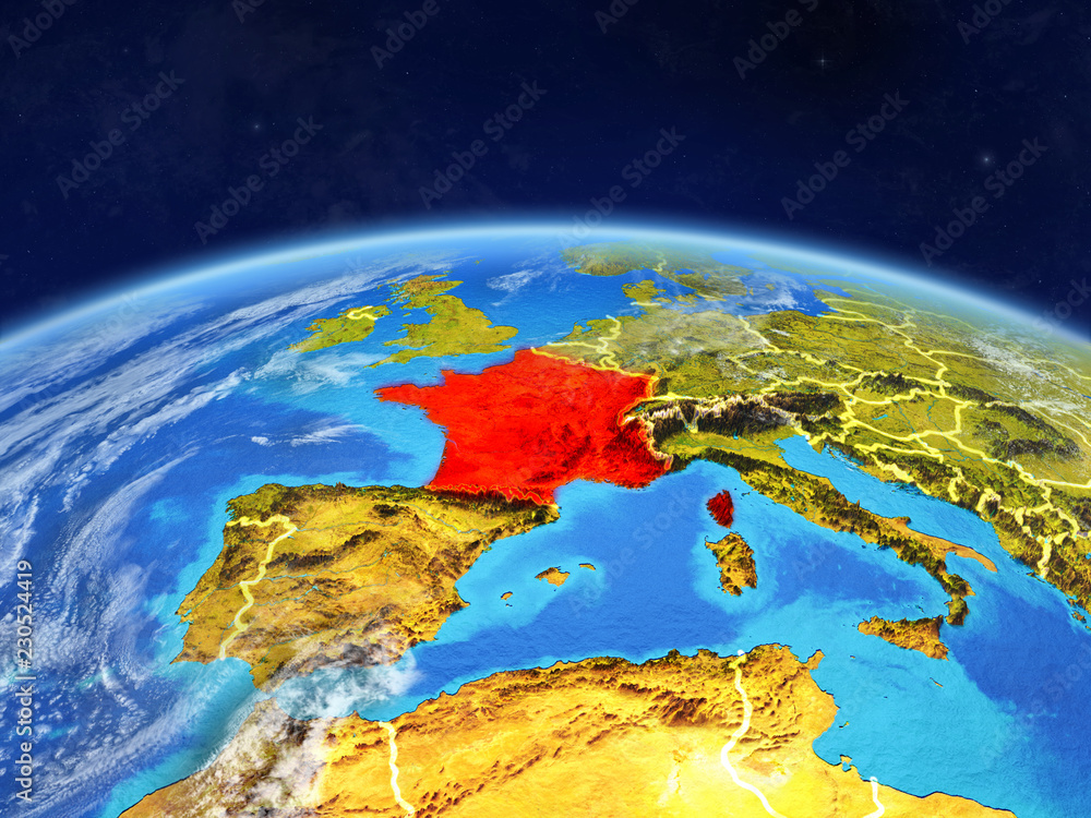 France on planet Earth with country borders and highly detailed planet surface and clouds.