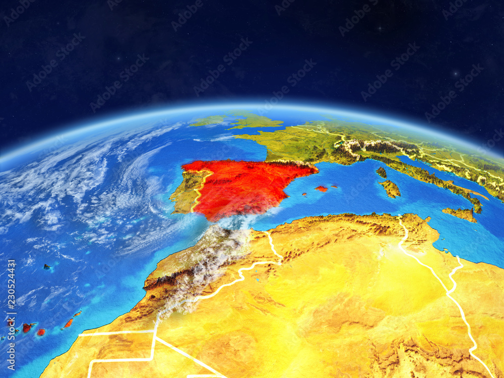 Spain on planet Earth with country borders and highly detailed planet surface and clouds.