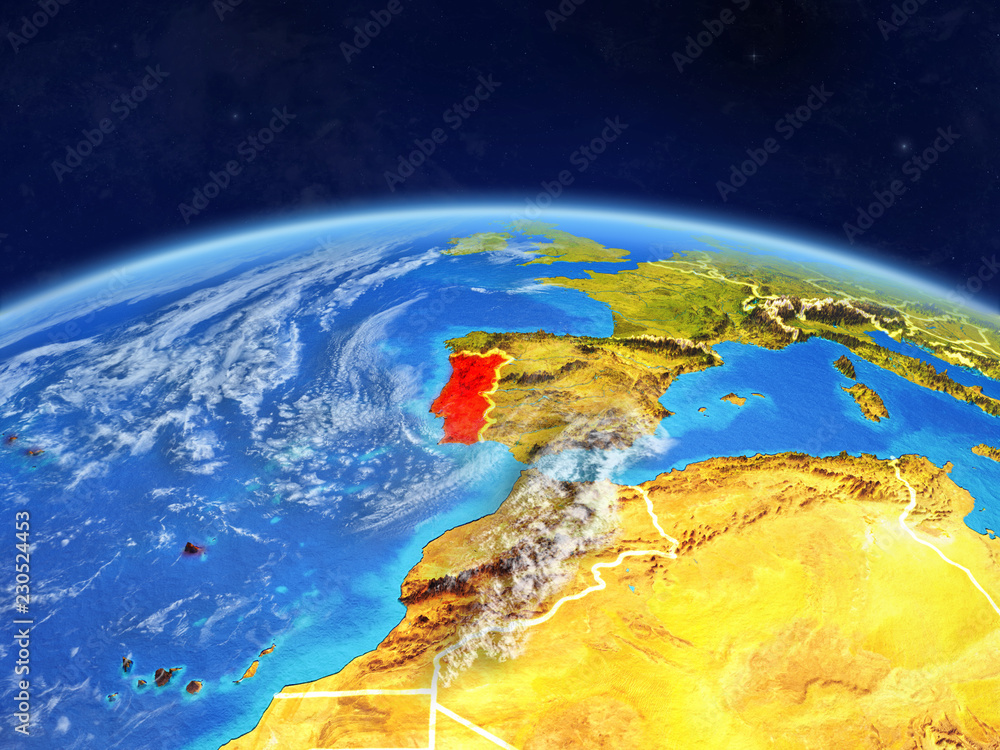 Portugal on planet Earth with country borders and highly detailed planet surface and clouds.
