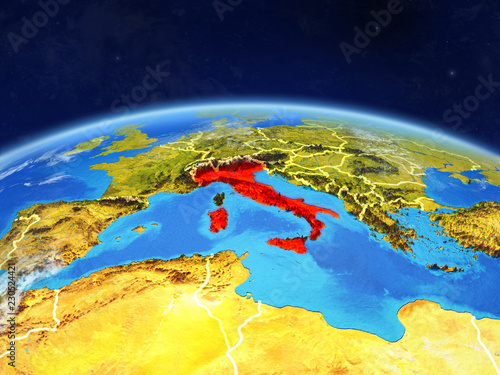 Italy on planet Earth with country borders and highly detailed planet surface and clouds.
