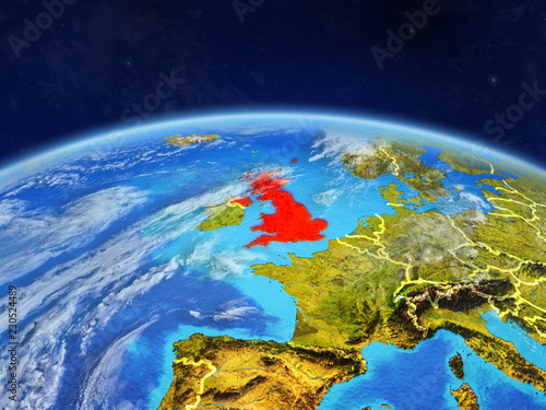 United Kingdom on planet Earth with country borders and highly detailed planet surface and clouds.