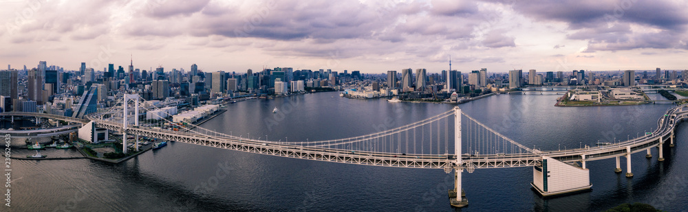 Aerial drone photo - Rainbow Bridge and the skyline of Tokyo at sunset. Capital city of Japan. Aerial drone photo - Rainbow Bridge and the skyline of Tokyo at sunset. Capital city of Japan.