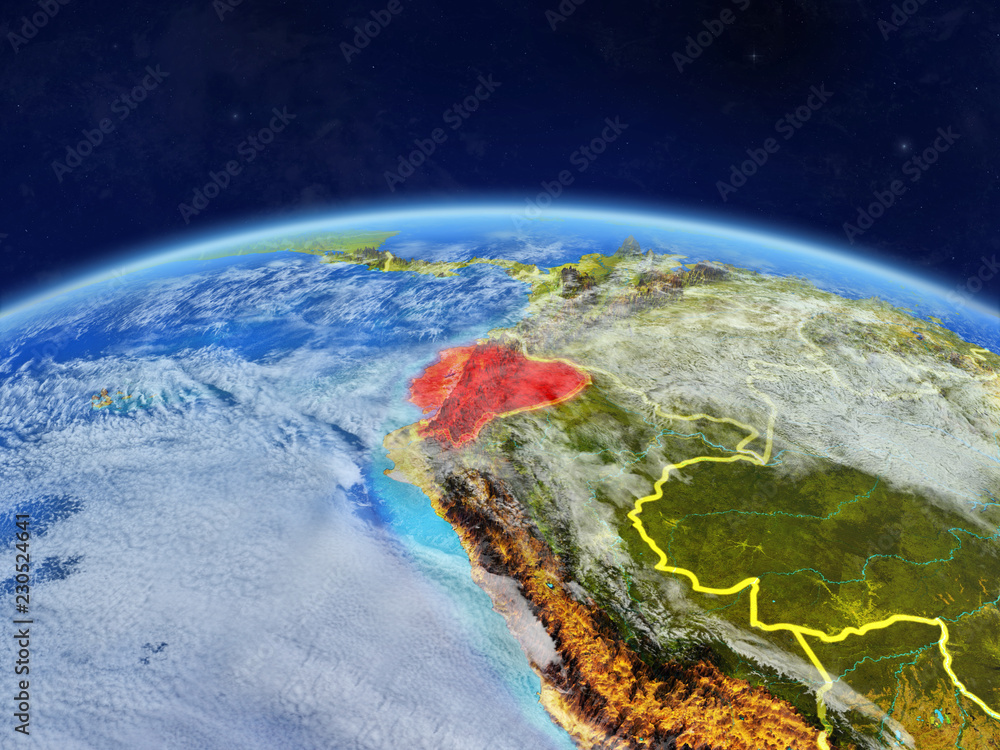 Fototapeta premium Ecuador on planet Earth with country borders and highly detailed planet surface and clouds.