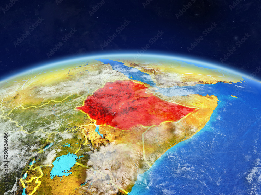 Ethiopia on planet Earth with country borders and highly detailed planet surface and clouds.