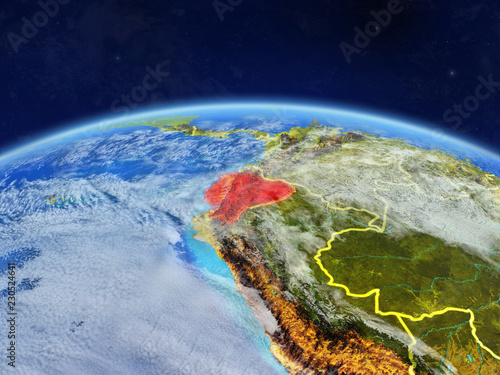 Ecuador on planet Earth with country borders and highly detailed planet surface and clouds.