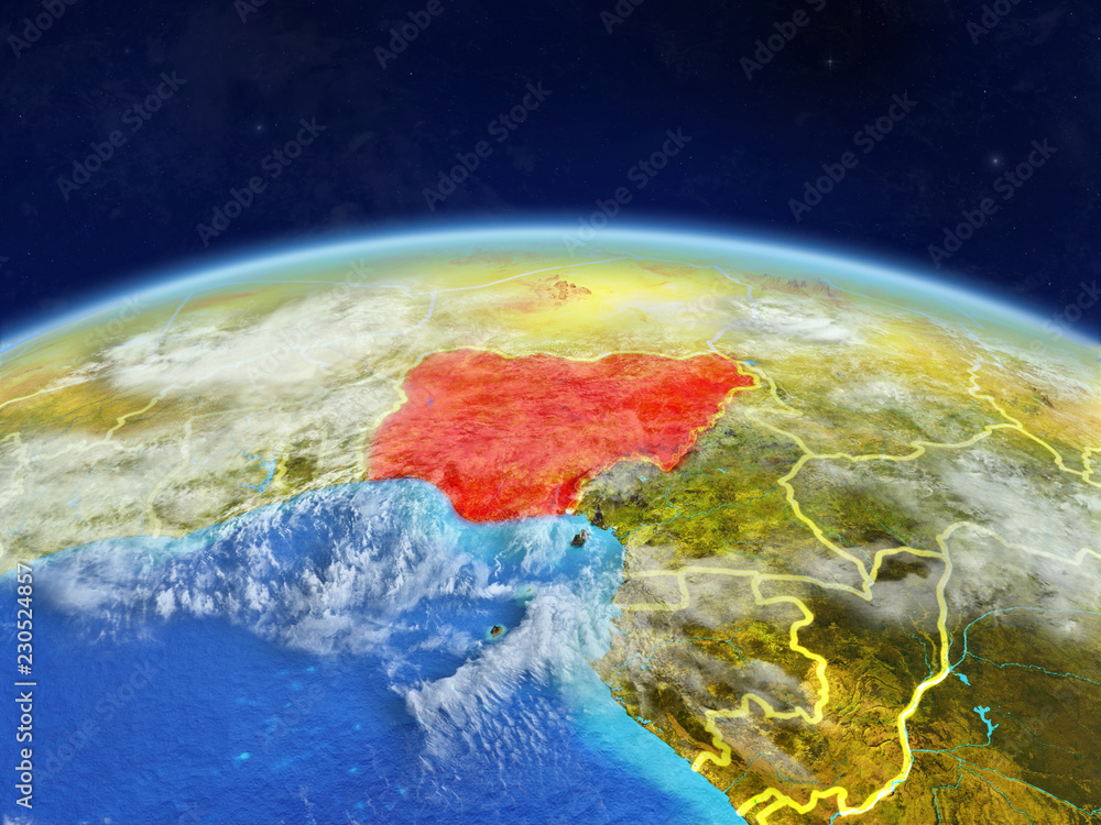 Nigeria on planet Earth with country borders and highly detailed planet surface and clouds.