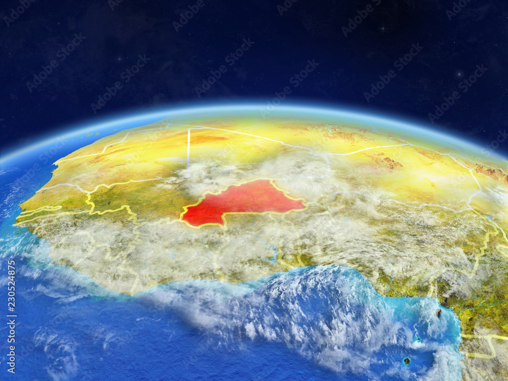 Burkina Faso on planet Earth with country borders and highly detailed planet surface and clouds.