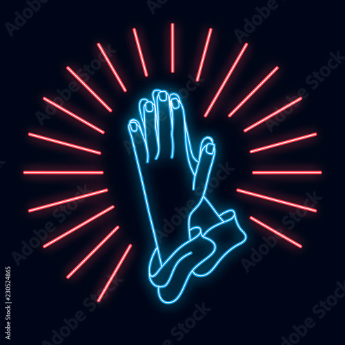 Hands folded in prayer. Neon light. Vector image.
