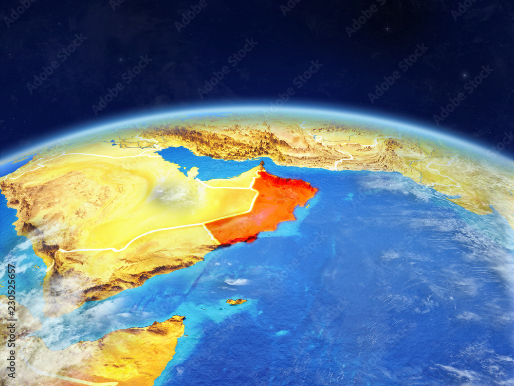 Oman on planet Earth with country borders and highly detailed planet surface and clouds.