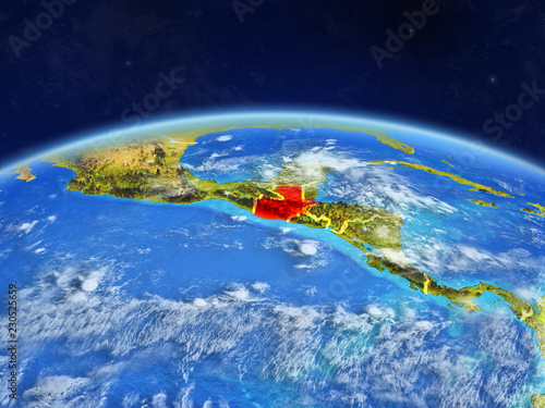 Guatemala on planet Earth with country borders and highly detailed planet surface and clouds.