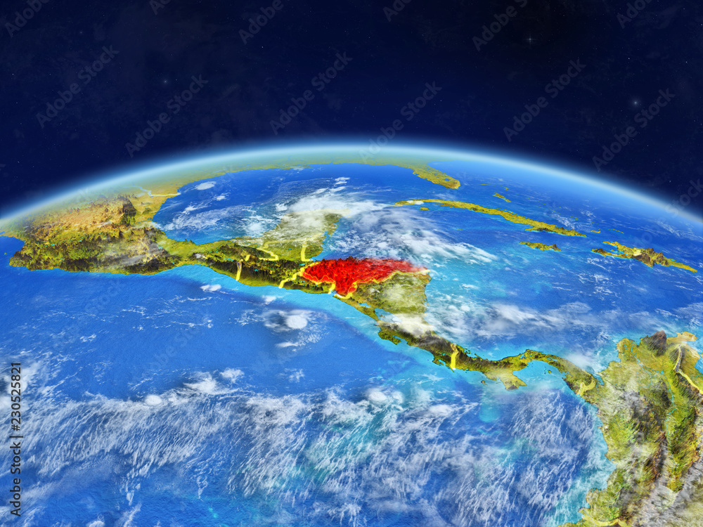 Honduras on planet Earth with country borders and highly detailed planet surface and clouds.
