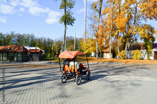 People ride a trendy orange four-wheeled bicycle, a cycle card with a wheel in the autumn park photo