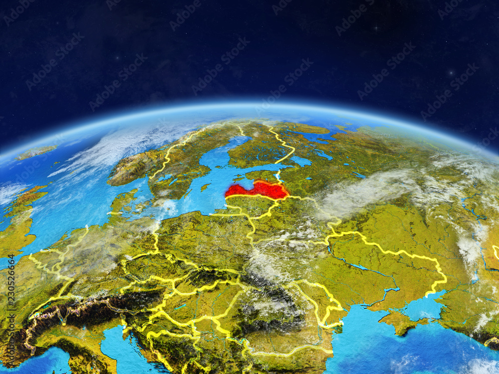 Latvia on planet Earth with country borders and highly detailed planet surface and clouds.