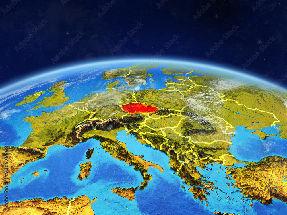 Czech republic on planet Earth with country borders and highly detailed planet surface and clouds.