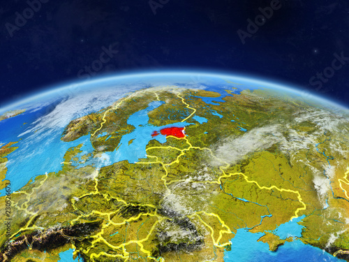 Estonia on planet Earth with country borders and highly detailed planet surface and clouds.