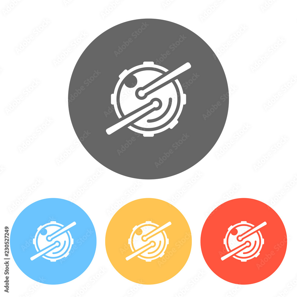 Logo for music app. Drum with drumsticks and camera. Simple icon. Set of white icons on colored circles Logo for music app. Drum with drumsticks and camera. Simple icon. Set of white icons on colored circles