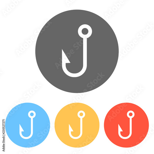 Fishing hook. Simple icon. Set of white icons on colored circles