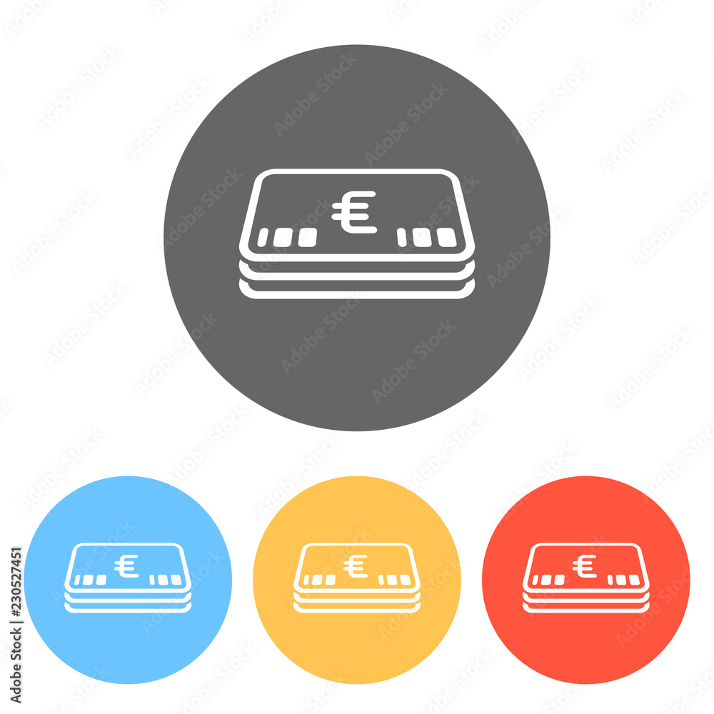Pack of euro money or vouchers. Business icon. Set of white icons on colored circles Pack of euro money or vouchers. Business icon. Set of white icons on colored circles