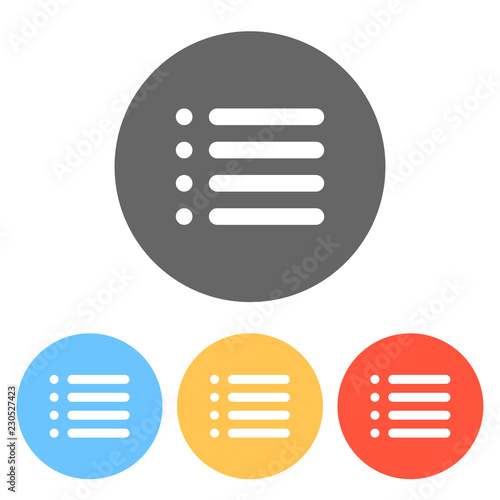 Simple list menu icon. Set of white icons on colored circles