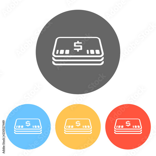 Pack of dollar money or vouchers. Business icon. Set of white icons on colored circles