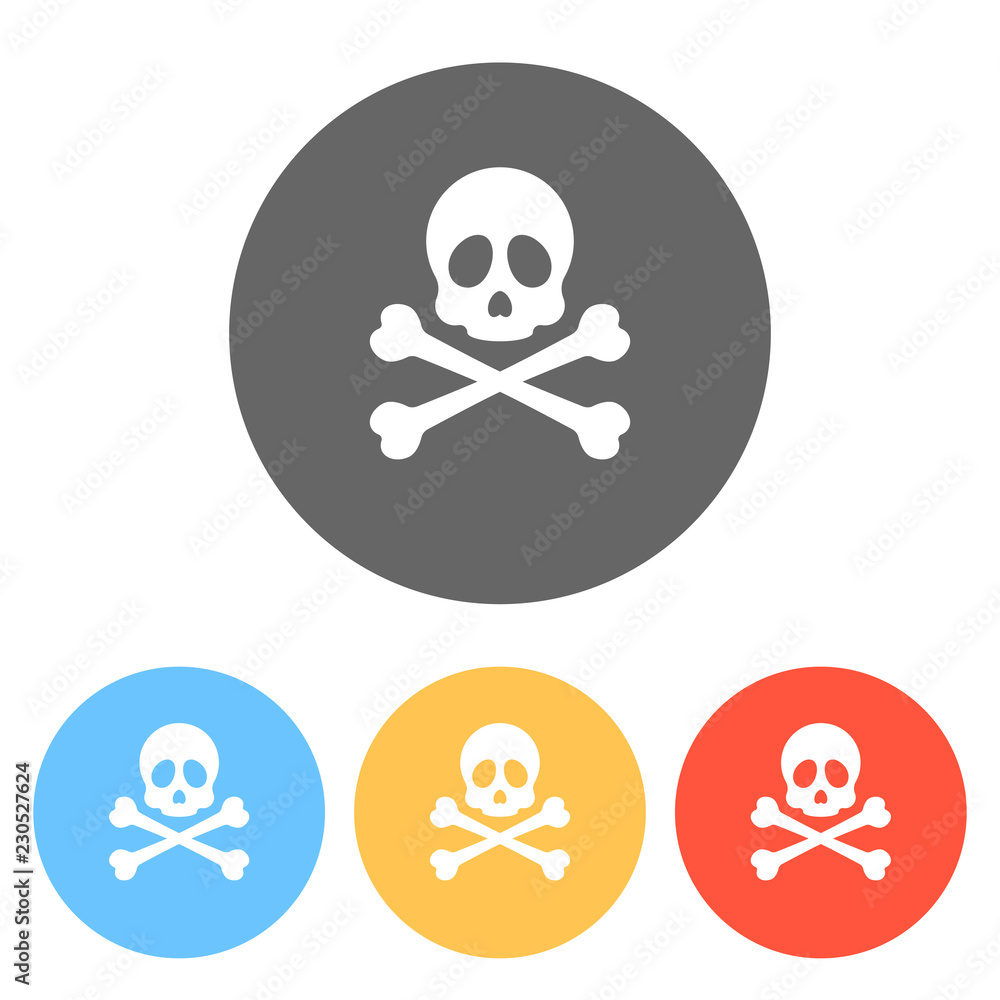 Skull and crossed bones. Simple icon. Set of white icons on colored circles