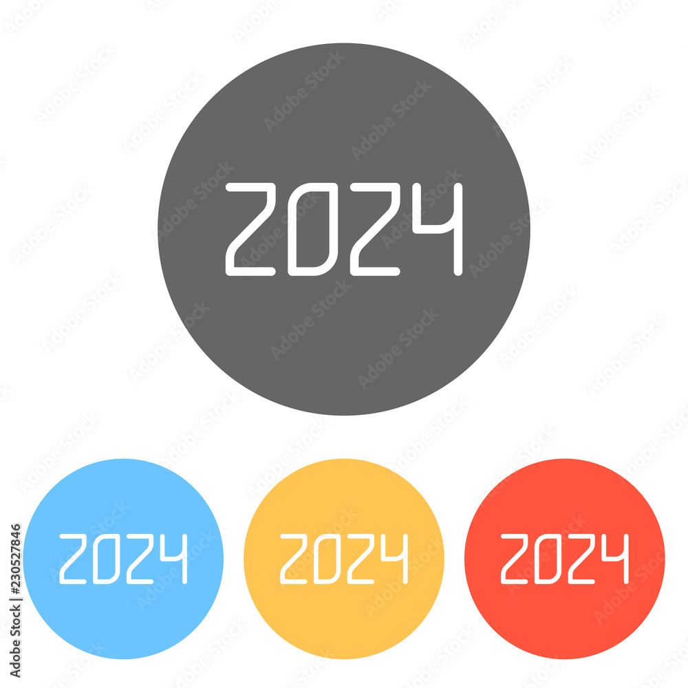 2024 number icon. Happy New Year. Set of white icons on colored circles 2024 number icon. Happy New Year. Set of white icons on colored circles