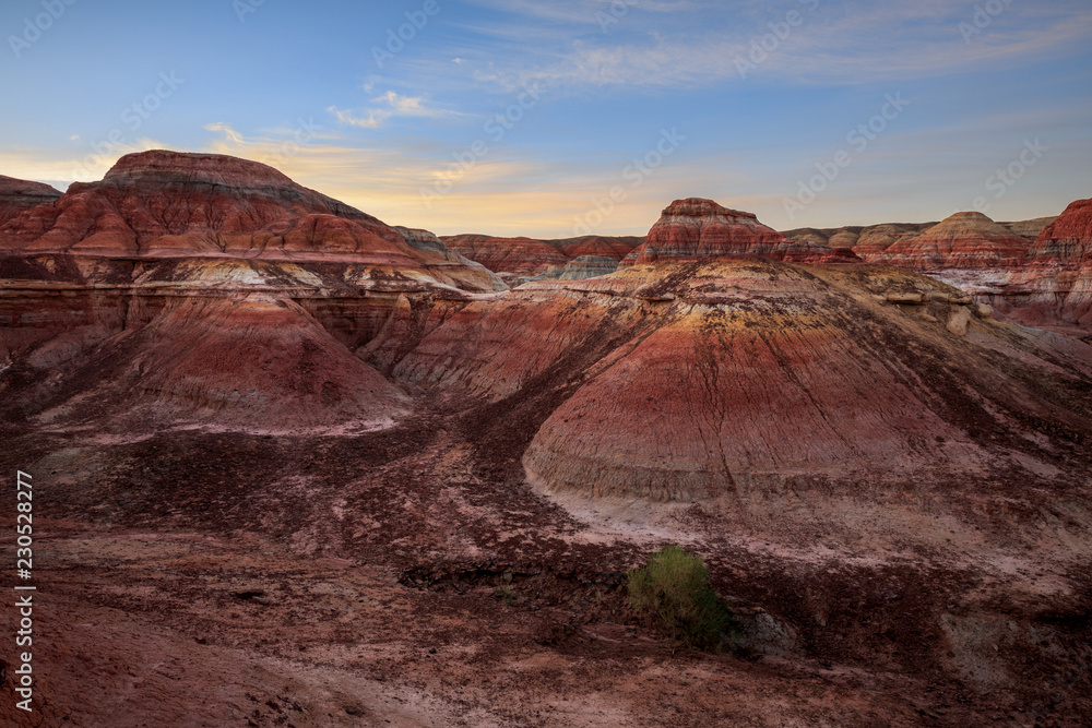 Rainbow City, Wucai Cheng. Colorful Red, Pink, Orange and Yellow landforms in the desert area of Fuyun County - Altay Perfecture, Xinjiang Province Uygur Autonomous Region, China. Rainbow Mountains