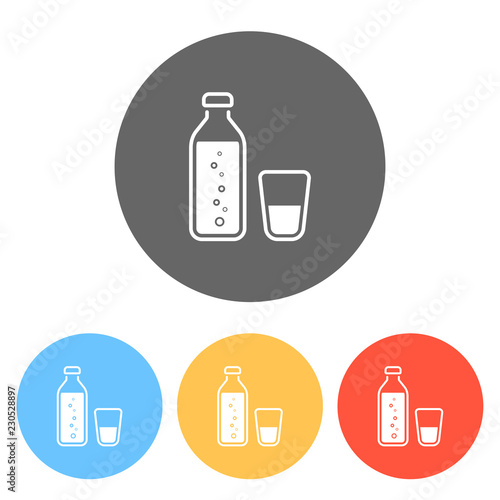 bottle of water with bubbles and glass cup. simple icon. Set of