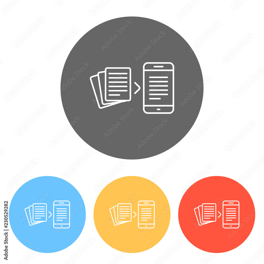 Convert to electronic document. Set of white icons on colored ci Convert to electronic document. Set of white icons on colored ci
