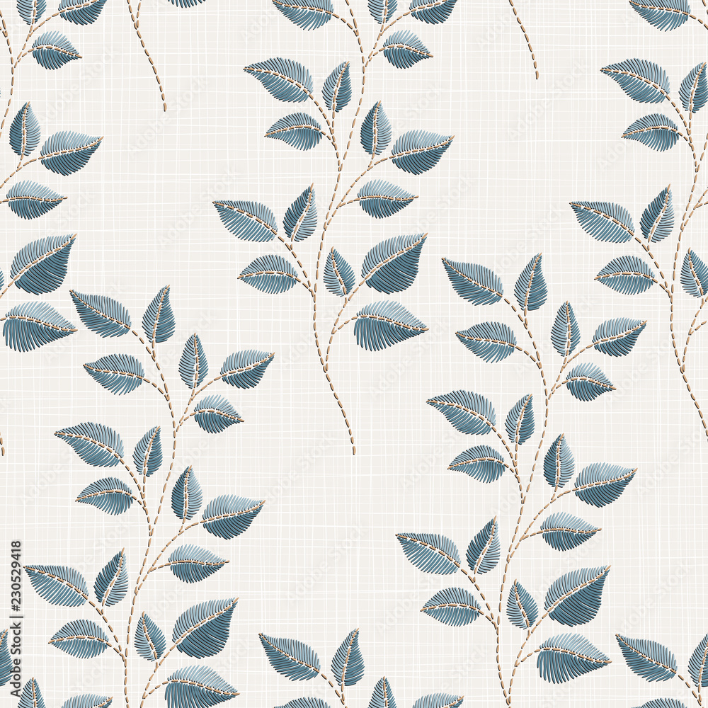 Fototapeta premium Embroidery floral seamless pattern on linen cloth texture