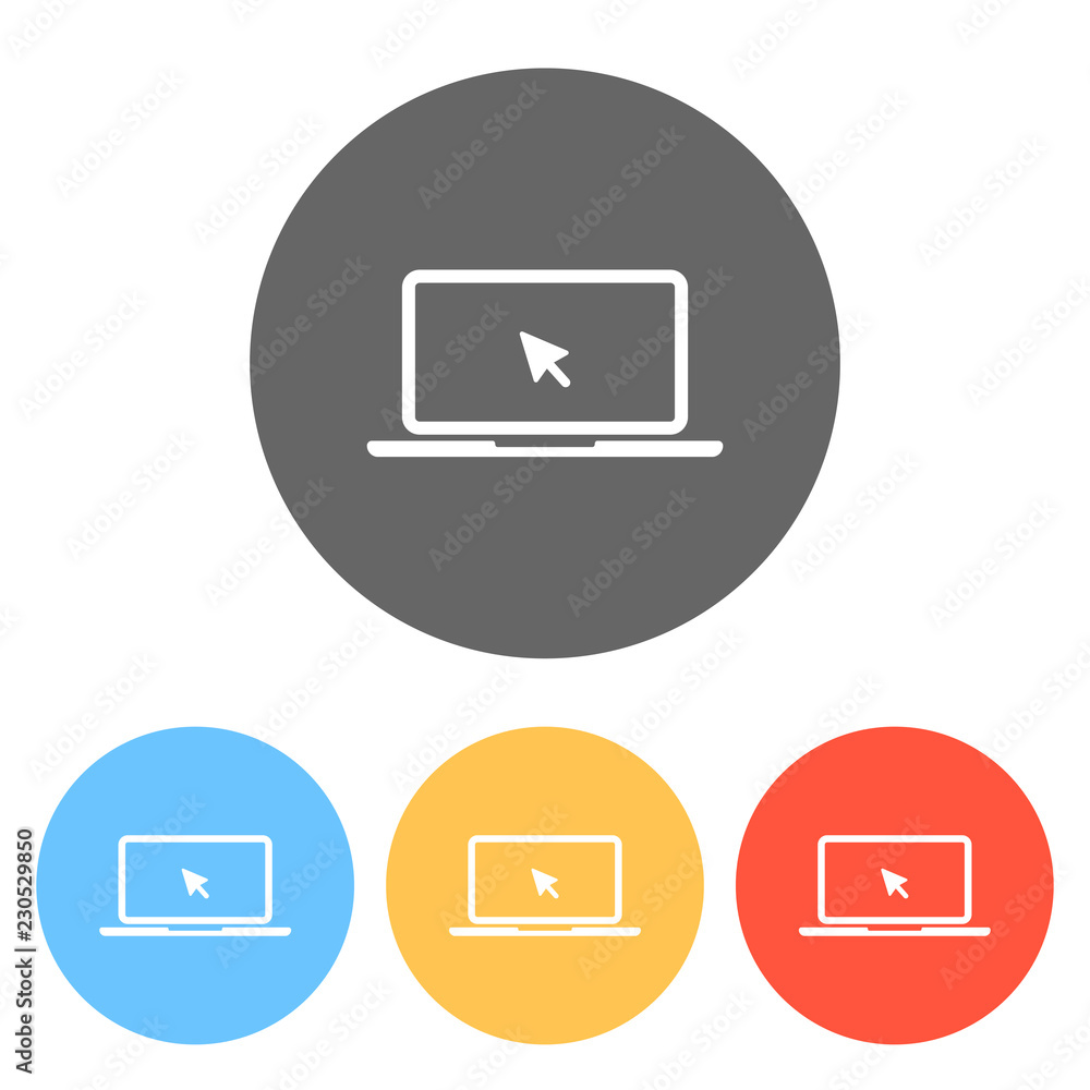 Laptop or notebook with arrow on screen. Set of white icons on c Laptop or notebook with arrow on screen. Set of white icons on c