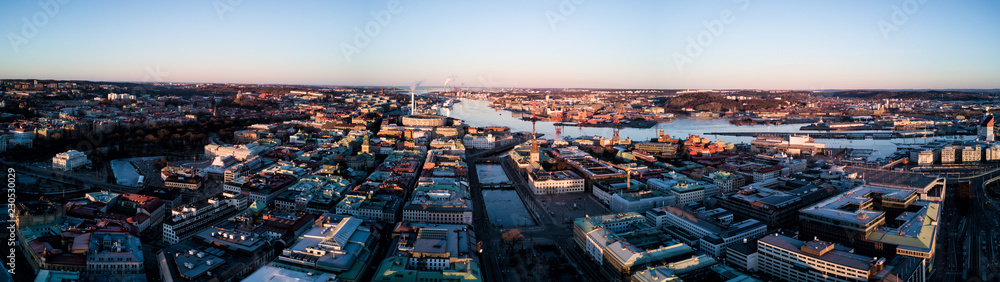 Aerial drone photo -Beautiful cityscape of Gothenburg Sweden at sunrise