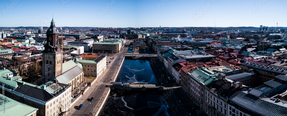 Aerial drone photo - Big Harbour Canal and Christina Church. Gothenburg, Sweden