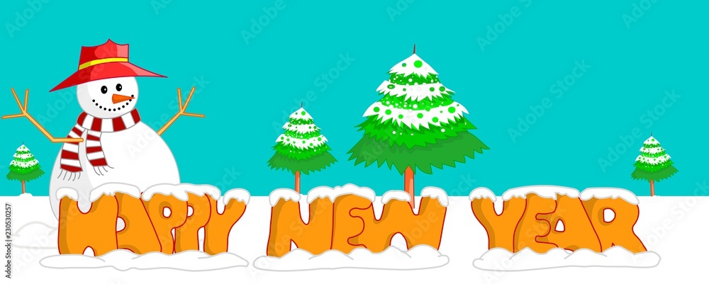 Snowman, trees and happy new year illustration under the snow