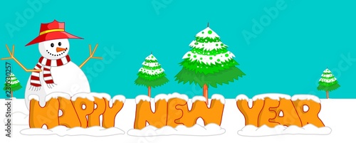 Snowman  trees and happy new year illustration under the snow