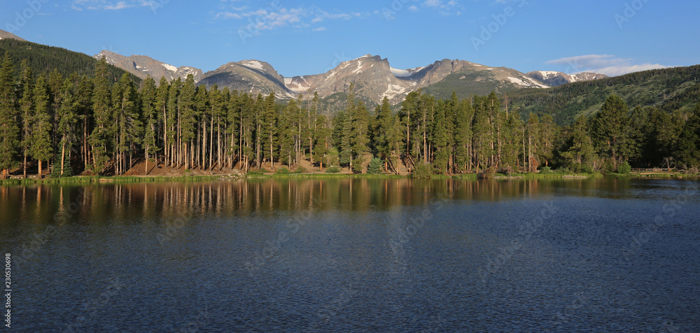 Sprague lake at sunrise, located in Rocky Mountain National Park, Colorado.