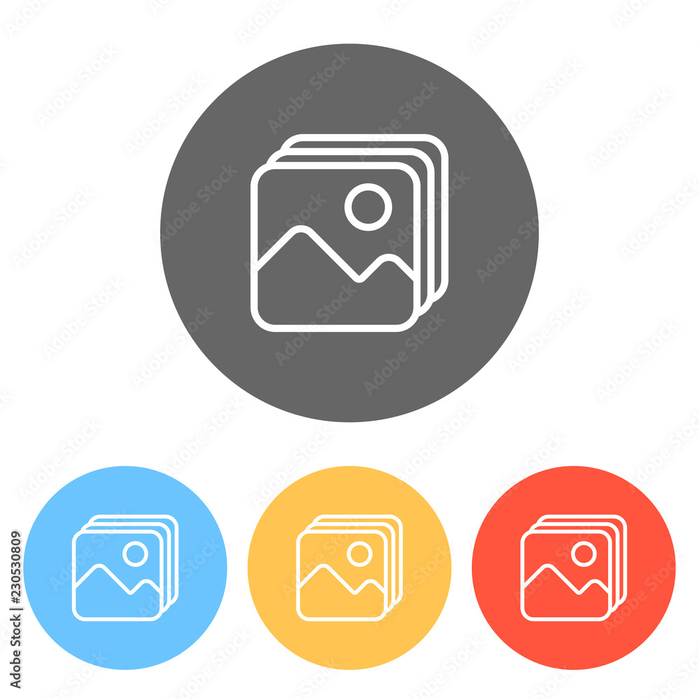 Simple stack of pictures. Set of white icons on colored circles Simple stack of pictures. Set of white icons on colored circles