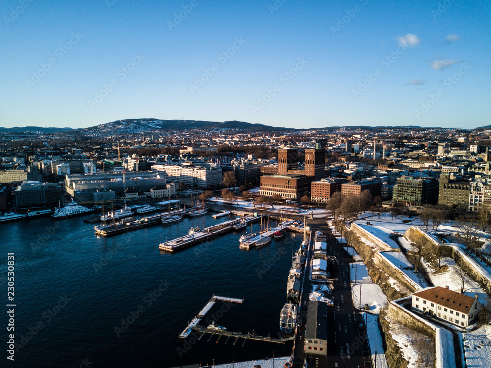 Obraz premium Aerial drone photo - Sunset over Oslo, Norway