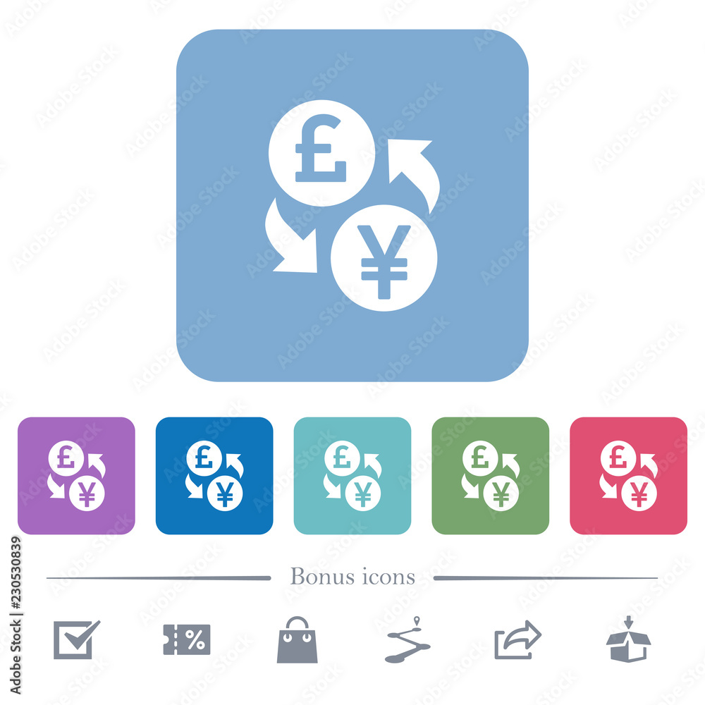 Pound Yen money exchange flat icons on color rounded square backgrounds Pound Yen money exchange flat icons on color rounded square backgrounds