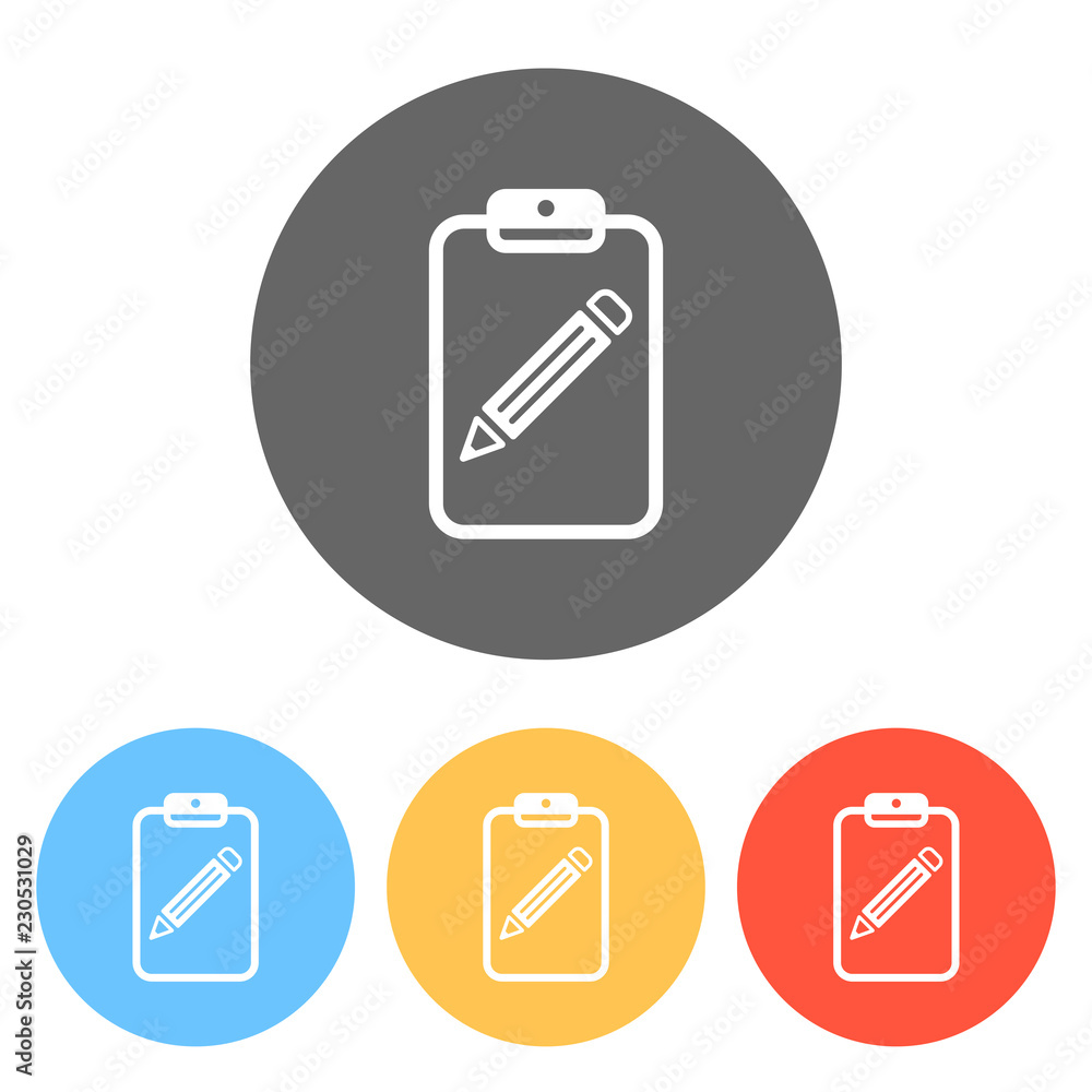 tablet, paper and pencil. Set of white icons on colored circles tablet, paper and pencil. Set of white icons on colored circles