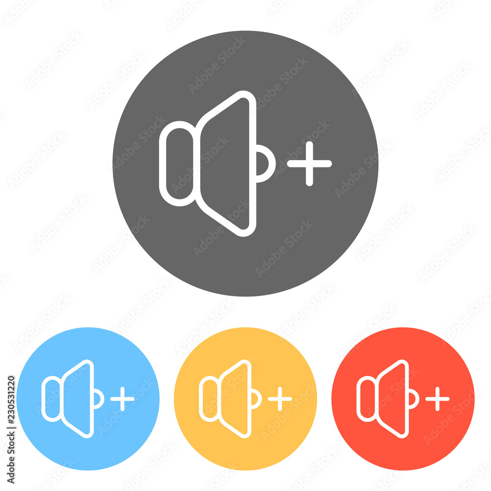 volume plus icon. Set of white icons on colored circles volume plus icon. Set of white icons on colored circles