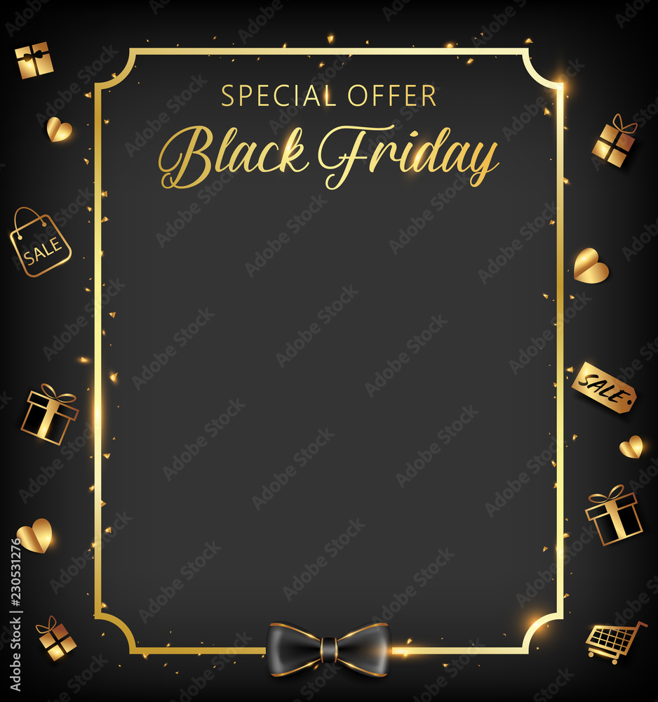 Black Friday banner with golden ornaments icon conception
