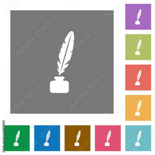 Feather in ink bottle square flat icons
