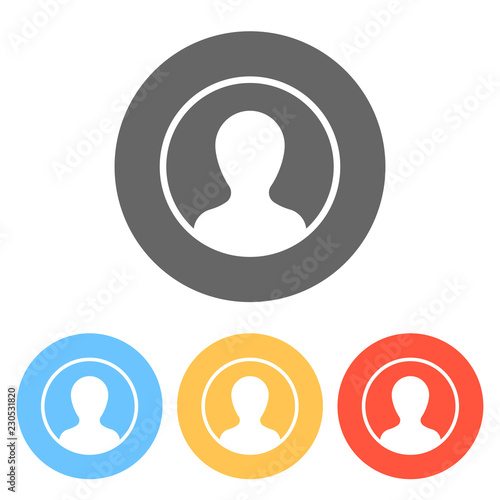 Profile, person in circle. Set of white icons on colored circles
